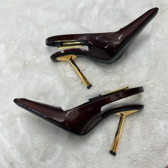 SAINT LAURENT Lee embellished patent-leather slingback pumps Color: Burgundy - Picture 11 of 13